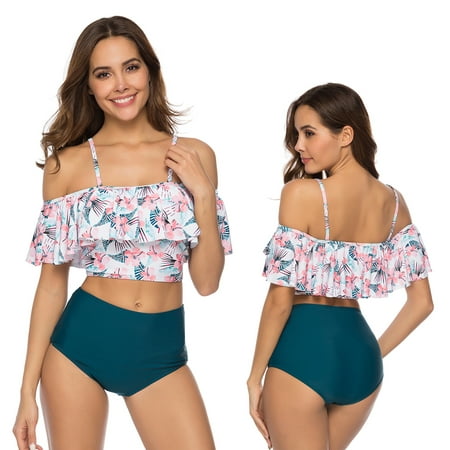 TOPCHANCES 2019 Swimwear Women Two Piece Off Shoulder Ruffled Flounce Crop Print  Bikini Top with High Waisted Bottoms ,Bikini set, Beachwear ,Swimsuit, bathing