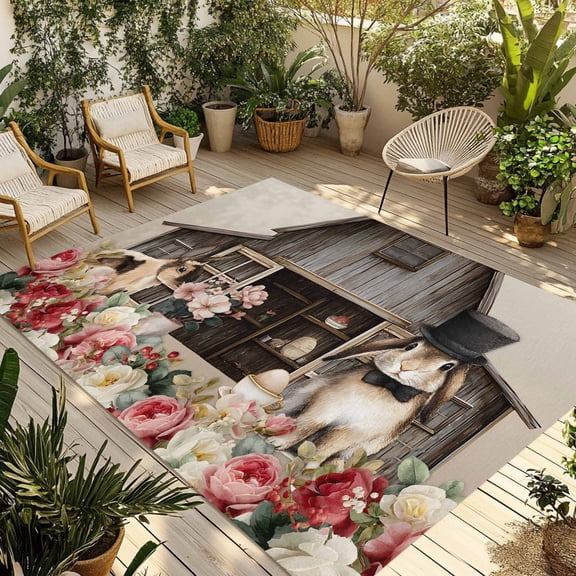 Brown Easter Bunny Outdoor Rug for Patio/Deck/Porch, Non-Slip Large Area Rug 6 x 9 Ft, Spring Retro Farmhouse Rabbits Floral Indoor Outdoor Rugs Washable Area Rugs, Camping Rug Carpet Runner