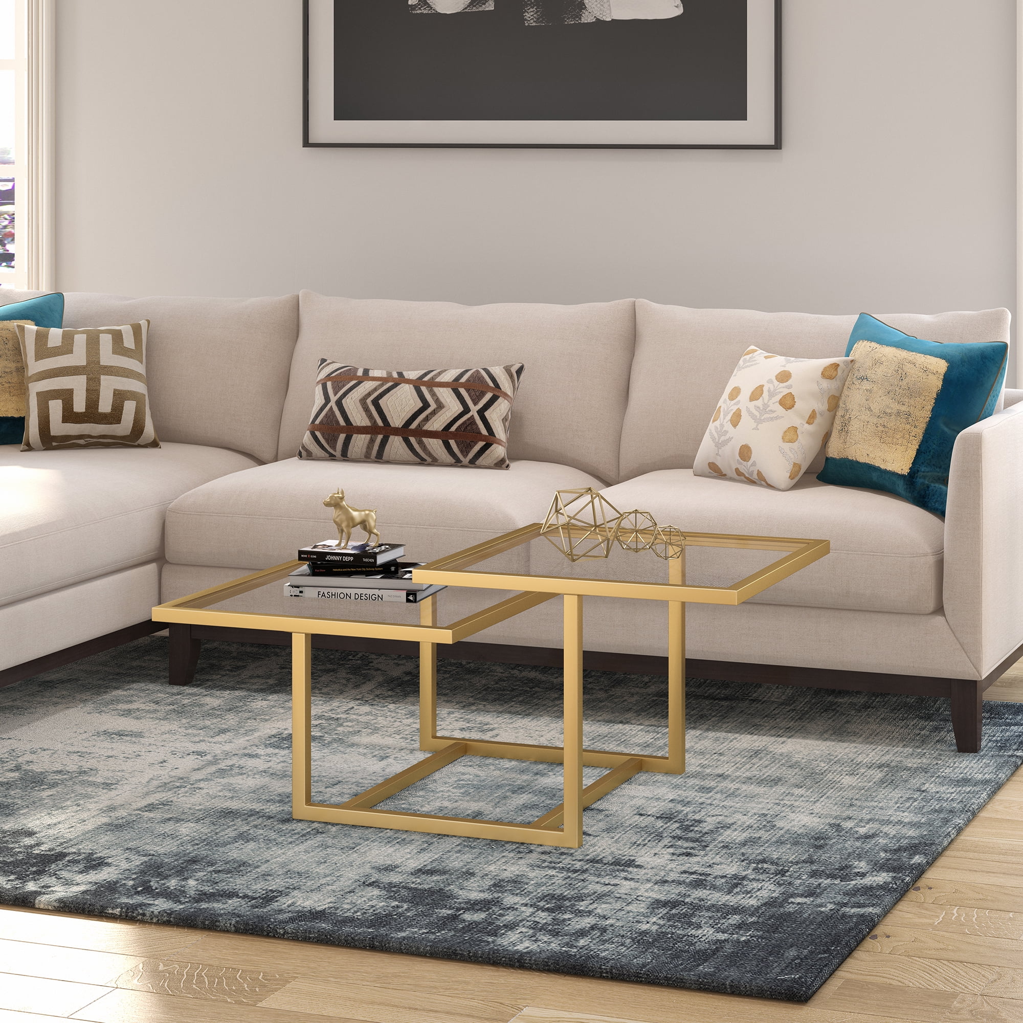 Evelyn&Zoe Amalie 43" Wide Square Coffee Table, Brass