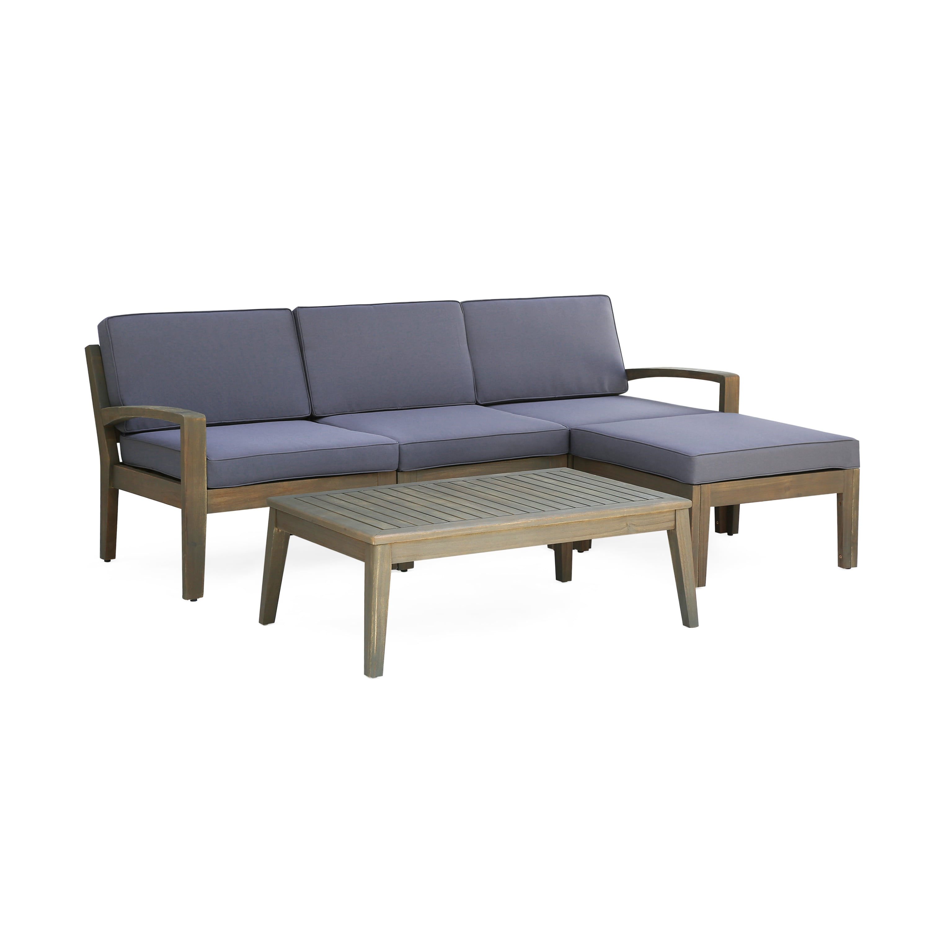 5-Piece Modular Outdoor L-Shape Sofa Set with Coffee Table & Ottoman, Acacia Wood, Gray Water-Resistant Fabric