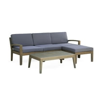 GDF Studio Parma Outdoor Acacia Wood 3 Seater Sectional Sofa Set with Ottoman, Gray and Dark Gray