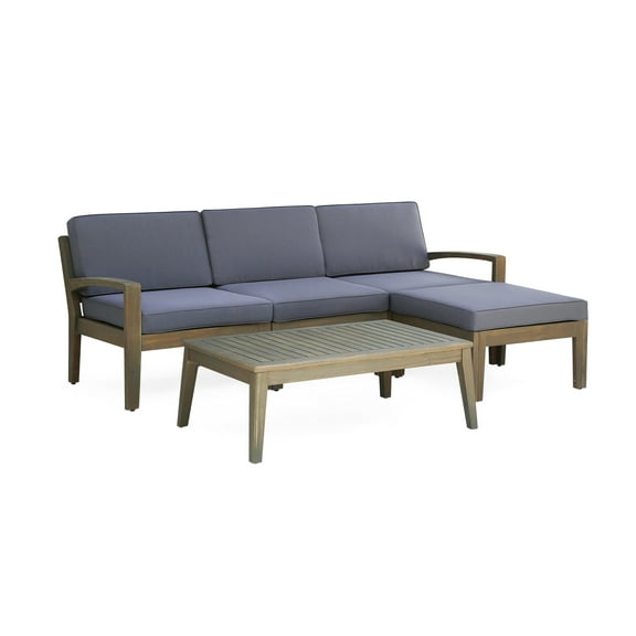 GDF Studio Parma Outdoor Acacia Wood 3 Seater Sectional Sofa Set with Ottoman, Gray and Dark Gray