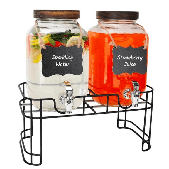 Glass Drink Dispensers For Parties, 2 PACK 1 Gallon Beverage Dispenser With Wooden Lids, Metal Stand And Spigot 100% Leak proof. Lede Dispenser With Chalk board