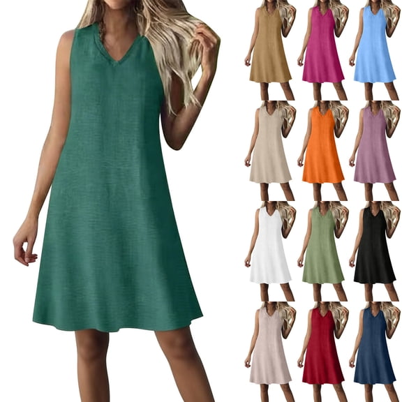 TAGOLD Womens Sleeveless V-Neck Knee-High Dress Zip Solid Color Short Dress For Summer Daily Use