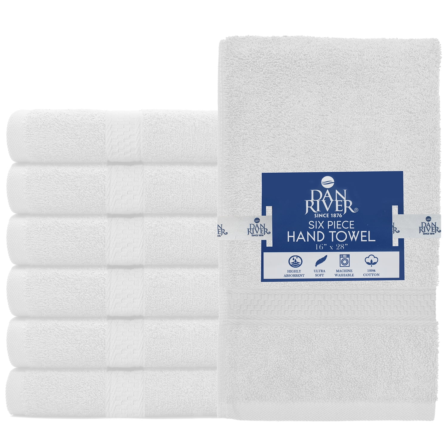 Dan River Hand Towel pack of 6 Quick Dry And Absorbent Cotton Towels for Bathroom - White 16x28in