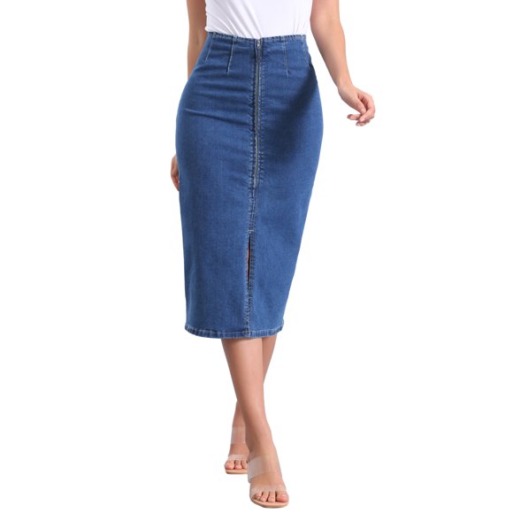 Falda de mezclilla maxi Allegra K para mujer, con abertura frontal, cremallera, cintura alta, falda ajustada de mezclilla, azul