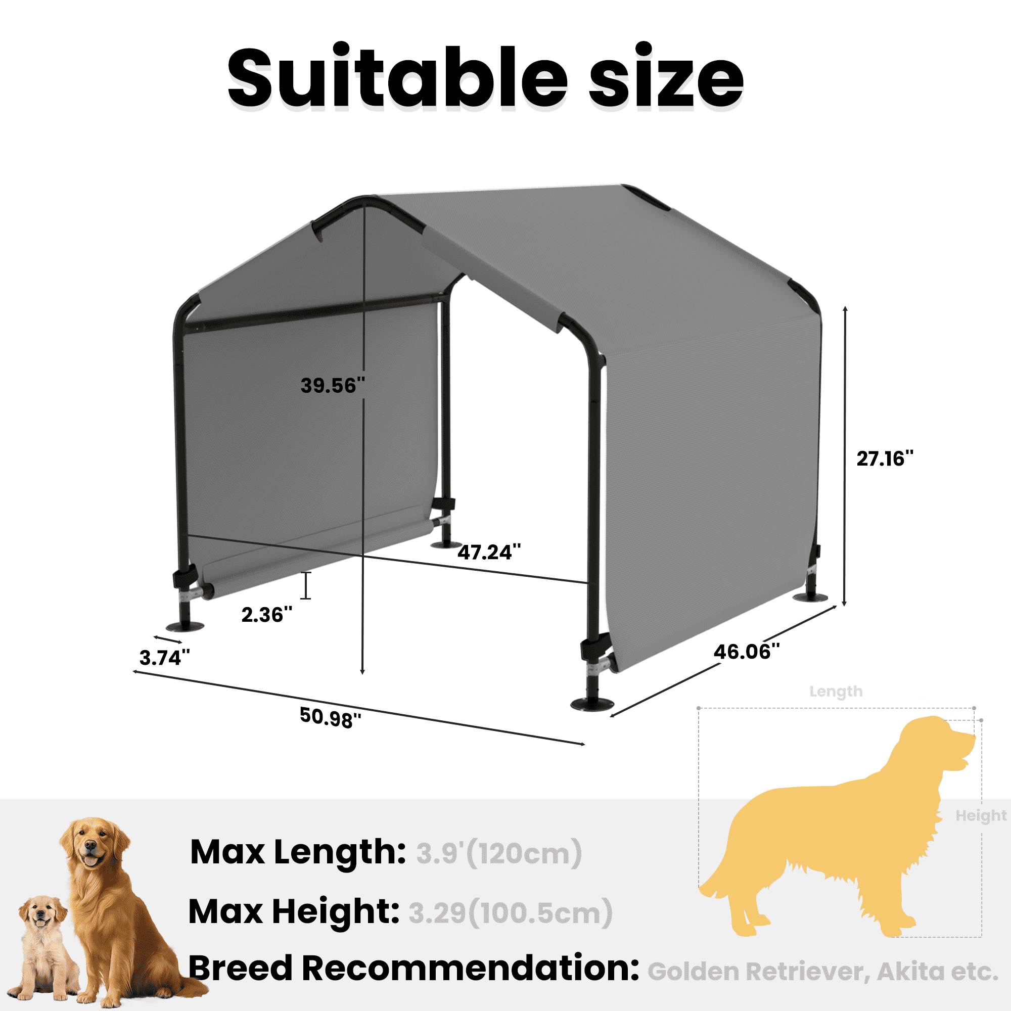 Outdoor Dog Shade Shelter 4'x4'x3' Portable Dog Tent Sun Rain Canopy for Outside Pet House for Large Medium Dogs, Cats, Pigs w/ Waterproof Roof, Ground Nails, Gray