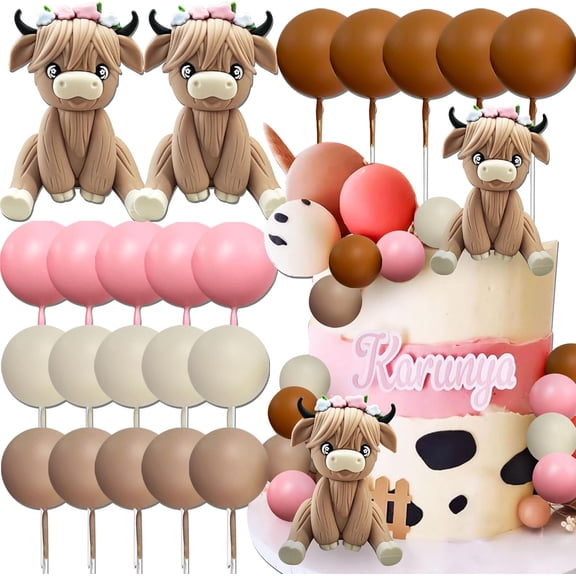 Cartoon Calf Ornament and 20-piece Colorful Ball-shaped Cake Decoration Set