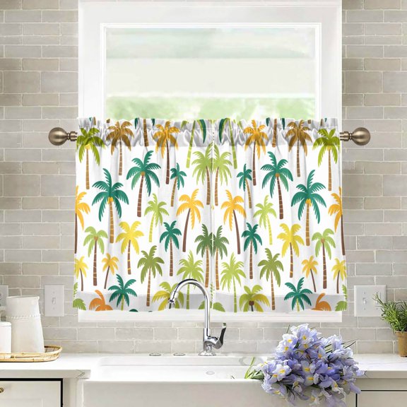Yayeee Kitchen Curtains Light Filtering 27"x36" Rod Pocket Short Cafe Window Panel, Palm Trees Pattern