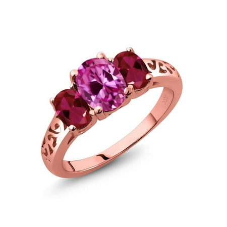 Pink Rose Gold Ruby 2.65 Ct Pink Created Sapphire Red Created Ruby 18K Rose Gold Plated Silver 3-Stone Ring ()