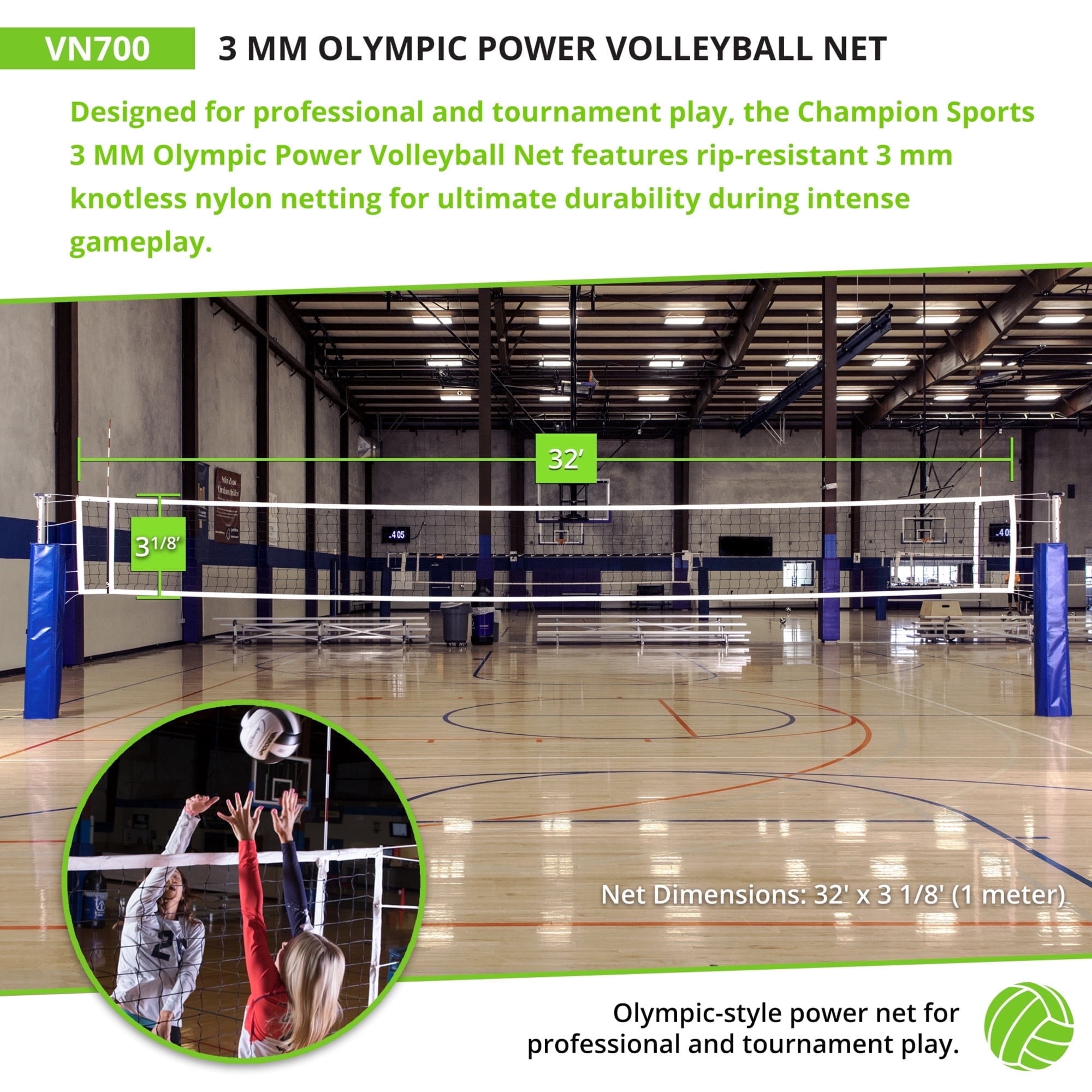 Champion Sports Official Volleyball Net Set, Olympic-Sized 32 x 3 ⅛ feet, 3mm Nylon Netting, for Tournament Play - Durable, Professional Volleyball Nets - Premium Training Equipment