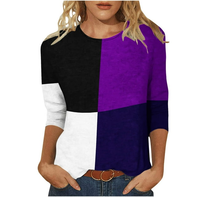 IROINID Rabais T-Shirts pour Femmes à Manches 3/4 Imprimés T-shirt Ample Blouse Mi-Longue Col Rond Hauts de Détente, Bleu Foncé