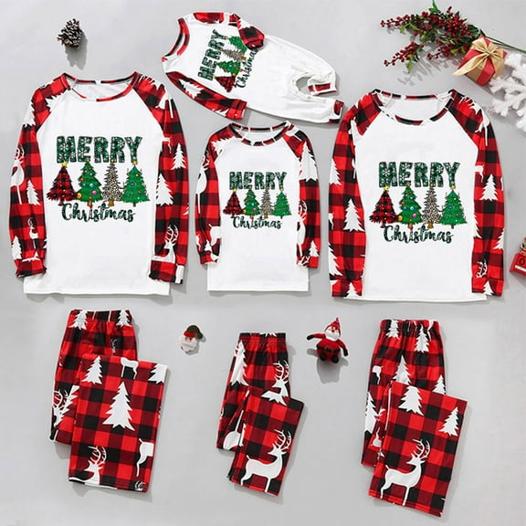 Odeerbi Matching Family Christmas Pajamas Sets Parent-Child Xmas Warm Two-piece Set Kid Home Wear Printed Jammies Set Loungewear Sleepwear for Kids