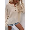 thumbnail image 3 of Soft Ribbed Knit Half Button Up Sweater Fringe Long Sleeve Design for Women Beige Large, 3 of 5