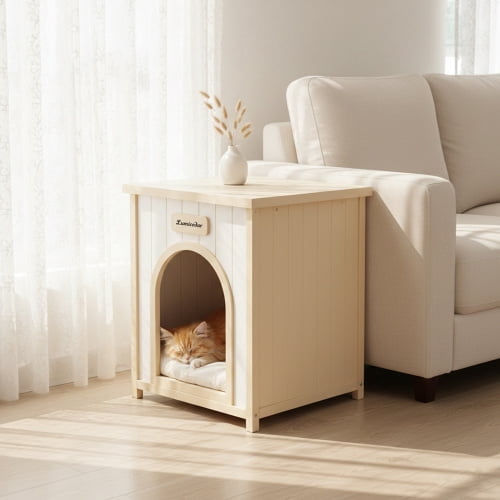 Indoor Wooden Dog House for Small Dogs and Cats Solid Cedar Pet House with Removable Cushion Scandinavian Design, Cream White,Light Yellow