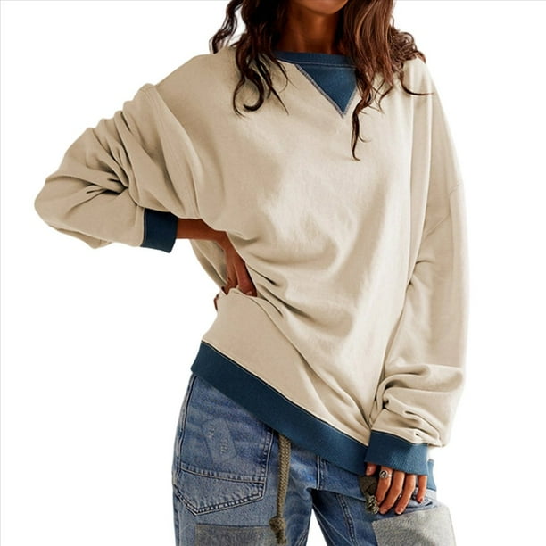 Sudadera Informal con Bloques de Color para Mujer, Larga, Cuello Redondo, Corte Holgado Albaricoque L