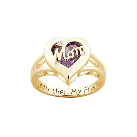 Family Jewelry Personalized Mother's Sterling Silver with 18K Gold Overlay "Mom" Ring with Birthstone Heart and Diamond Accent