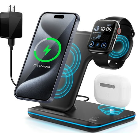 Wireless Charger, 3 in 1 Qi-Certified 15W Fast Charging Dock Station/ Stand, Compatible for iPhone Series 15/14/13/12/11/XS/MAX /XR/XS/X/Apple Watch Charger 8/7/ 6/5/4/3/2, Air Pods Pro/Samsung, Black