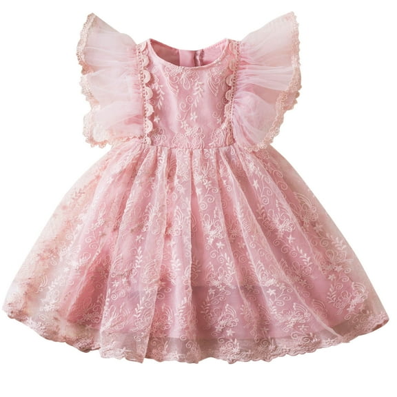 Diufon Girl's Tulle Dress Round Neck Fly Sleeve A-Line Dress Solid Color Lace Pleated Dress