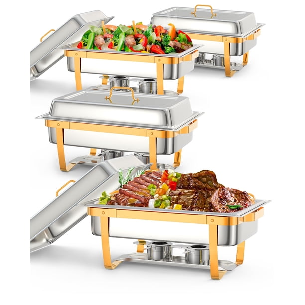 QinaQin Juego de chafers rectangulares dorados de acero inoxidable con tapa, calentadores de buffet para fiestas, banquetes y bodas