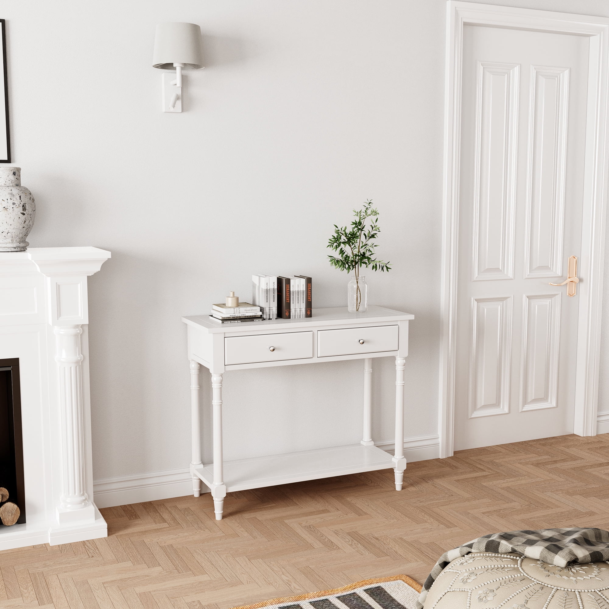 JESONVID Solid Wood Console Table with 2 Drawers, 2-Tier 35.4" X 30" Accent Sofa Table with Multilayer Storage Shelf Rustic Hall Entryway Tables for Living Room Home Office-White