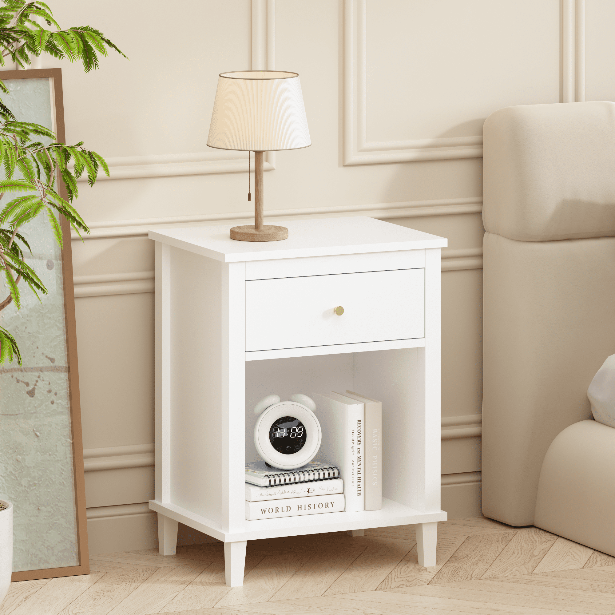 26.77" H White Wooden Nightstand with Drawer & Open Shelf, Golden Handle, Bedside Table for Kids & Adults, Anti-Tip Safety