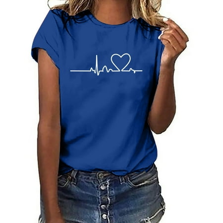 JUUYY Womens Short Sleeve Shirts Cute ECG Love Heart Pattern Graphic Round Neck Tunic Shirts Tops Trendy Holiday Oversized Basic Workout Tees Blouse Blue XL