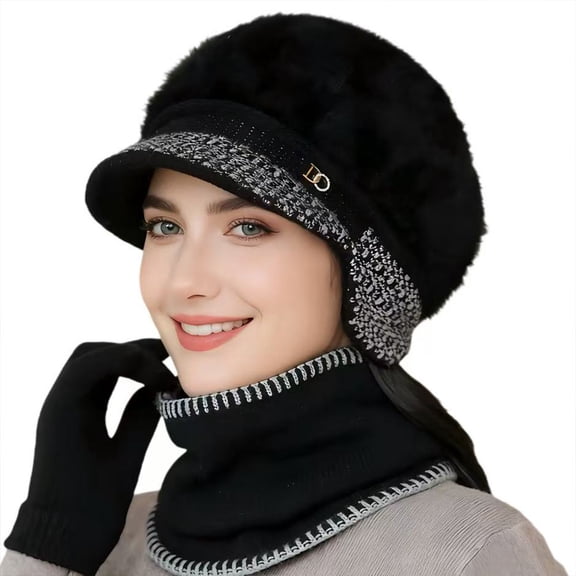 Winter Hat Scarf  and Ear Warmer Caps, Warm Knit Beanie Hat Touch Screen Gloves Set Winter Gifts Neck Scarves for Women