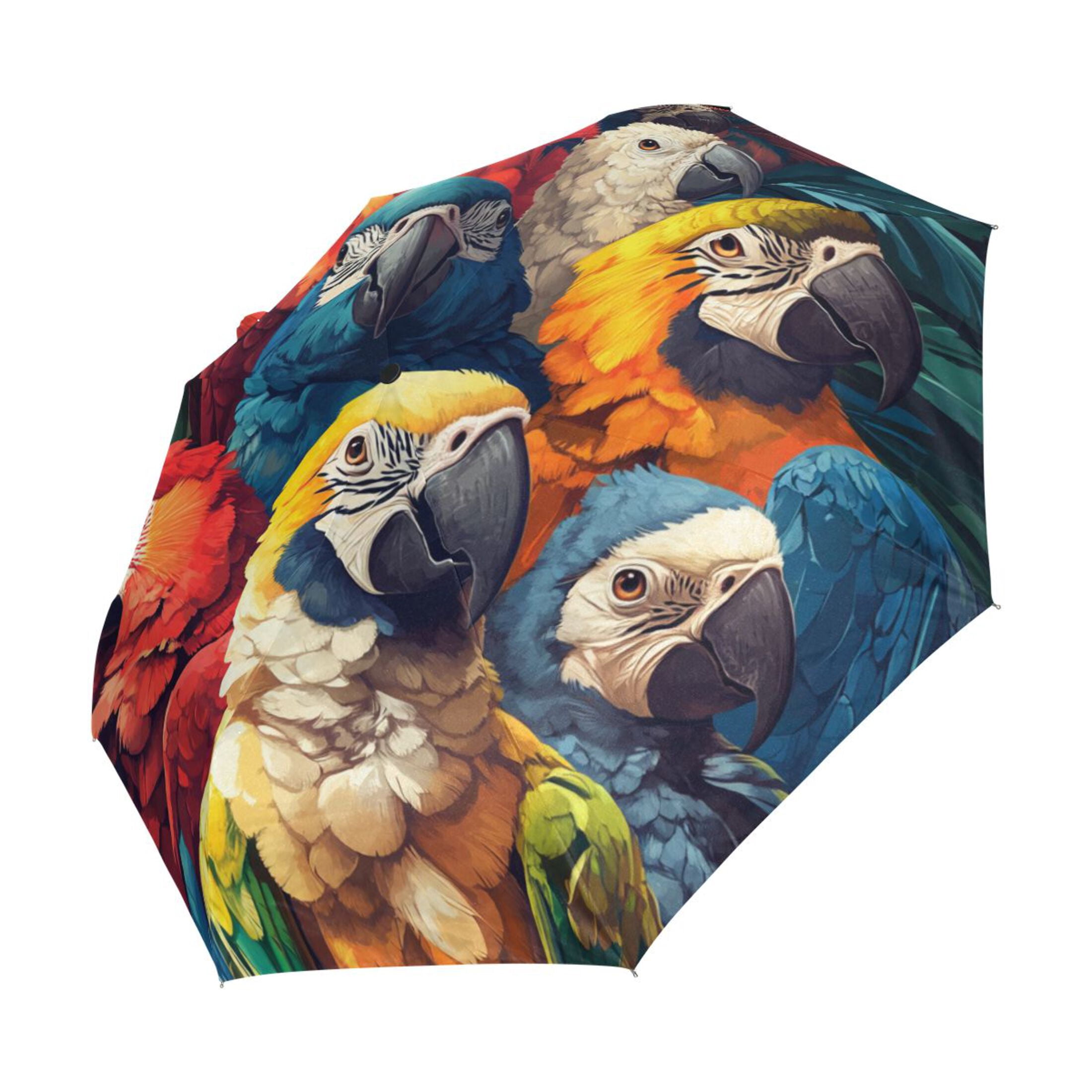 BZSMCE One-Touch Auto Open Close Rain Umbrella With Creative Rainbow Of Parrots Pattern