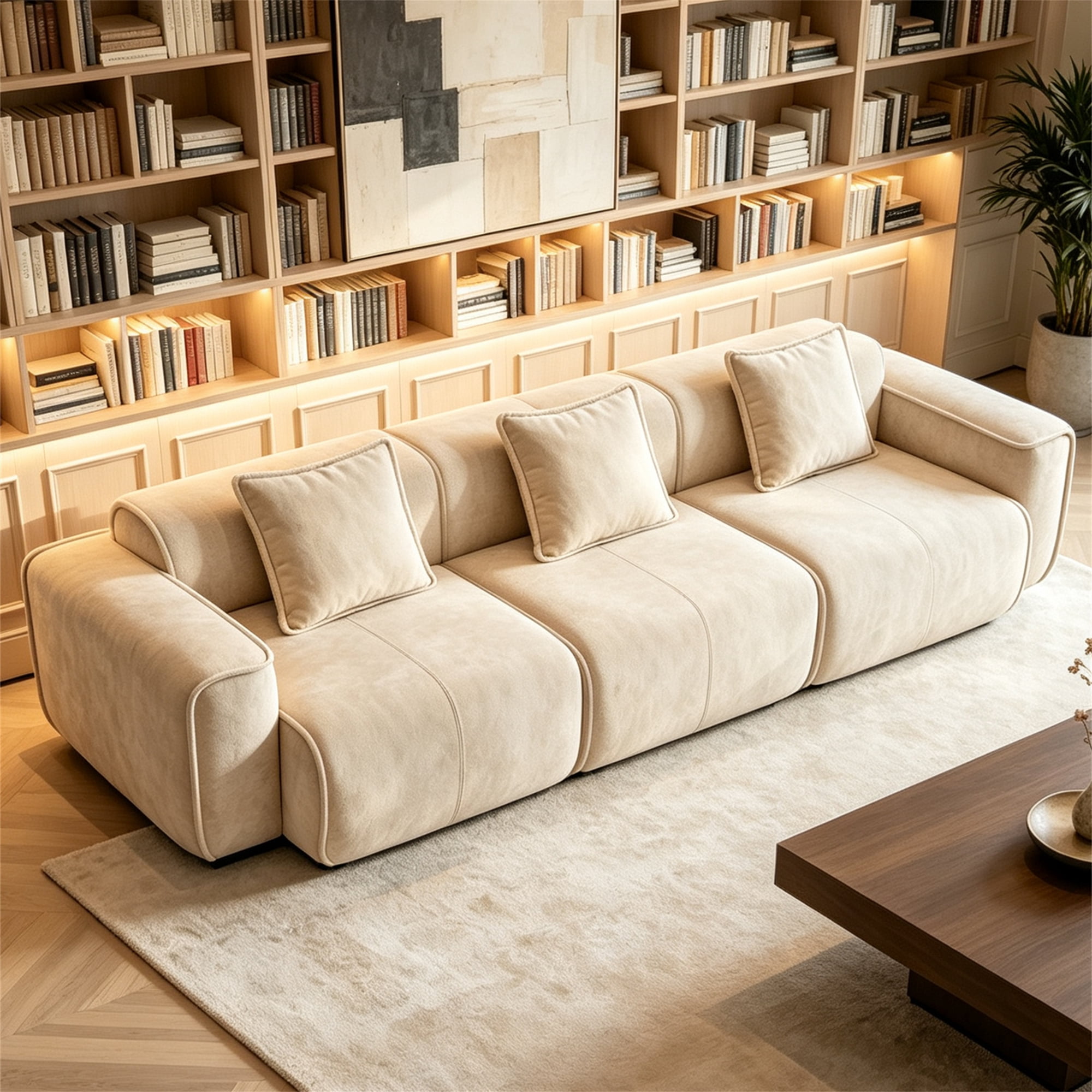 Aukfa 109" Oversized Boneless Couch Deep Seat 3 Seat Cloud Sofa for Living Room Bedroom, 3 Pillows, Velvet, Camel