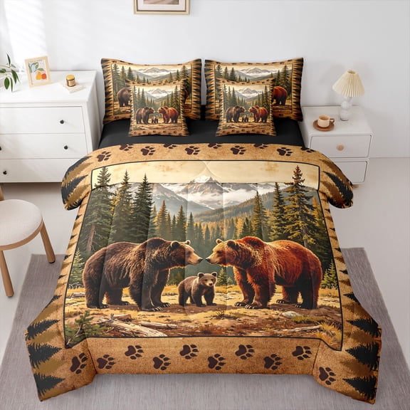 Manfei Sunset Bear Family 7-Piece Twin Bedding,Wooded Pine Grid Bedding Comforter Set,Brown,Black Reversible