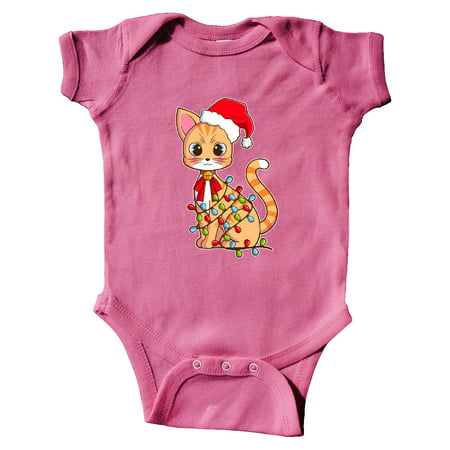 Cute Christmas Cat Tangled in Colorful Lights with Red Hat Infant
