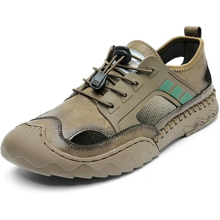 Mens Genuine Leather Breathable Hollow Sports Sandals Casual Closed Toe Outdoor Fisherman Shoes Summer Beach Waterproof Anti-Slip Flat Sandals