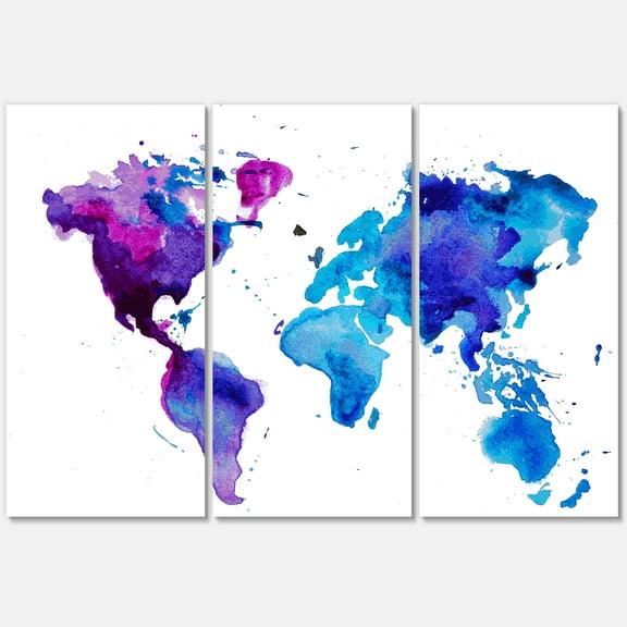 Designart ' Blue and Purple Map Of The World ' Modern Canvas Wall Art Print