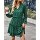 thumbnail image 2 of Vestido de mujer con cuello en V, cintura alta, manga larga, estampado de lunares, falda de línea A, verde oscuro L, 2 of 7
