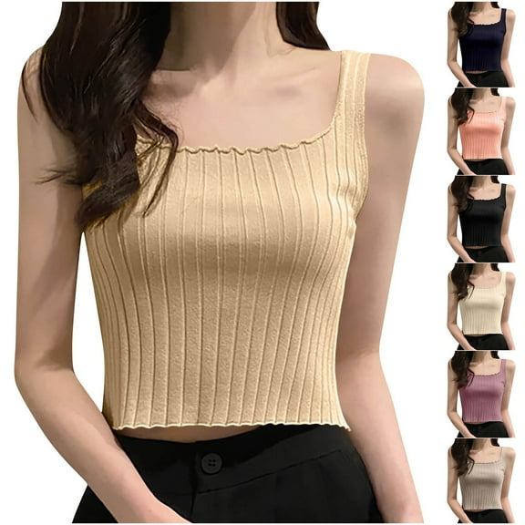 Inverlee Trendy Slim Fit Square Neck Crop Tank Tops Striped Solid Sleeveless Cami Shirts Summer Casual Base Layer Shirts Blouse