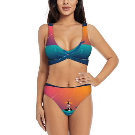 Zeuib Lighthouse and Whale High Waisted Tummy Control Bikini Set - Knot Front Push Up Top & Cheeky Thong Bottom  Two-Piece Swimsuit for Women-XX-Large