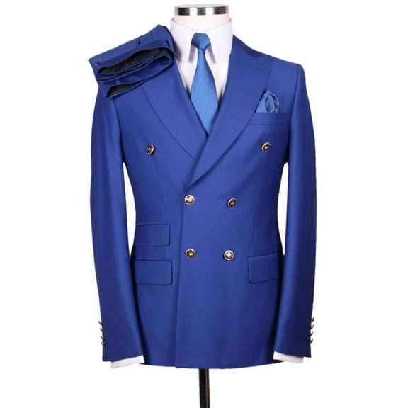 Mens Designer Modern Fit Double Breasted Wool Suit with Gold Buttons in Cobalt Blue