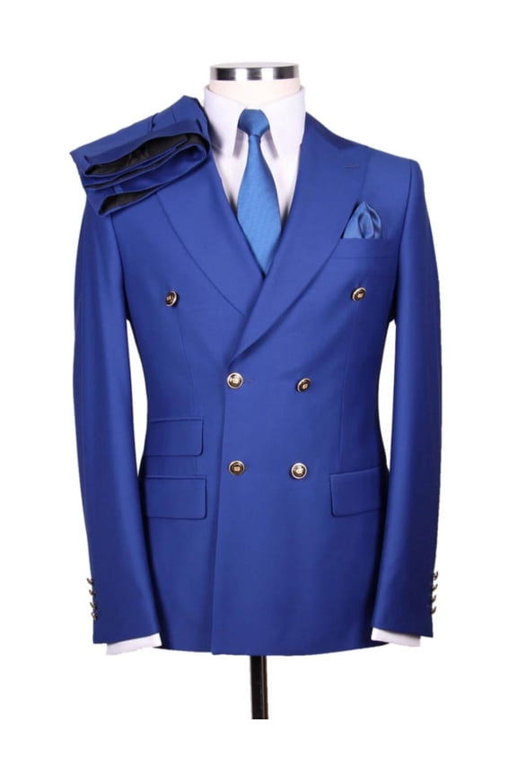 Mens Designer Modern Fit Double Breasted Wool Suit with Gold Buttons in Cobalt Blue