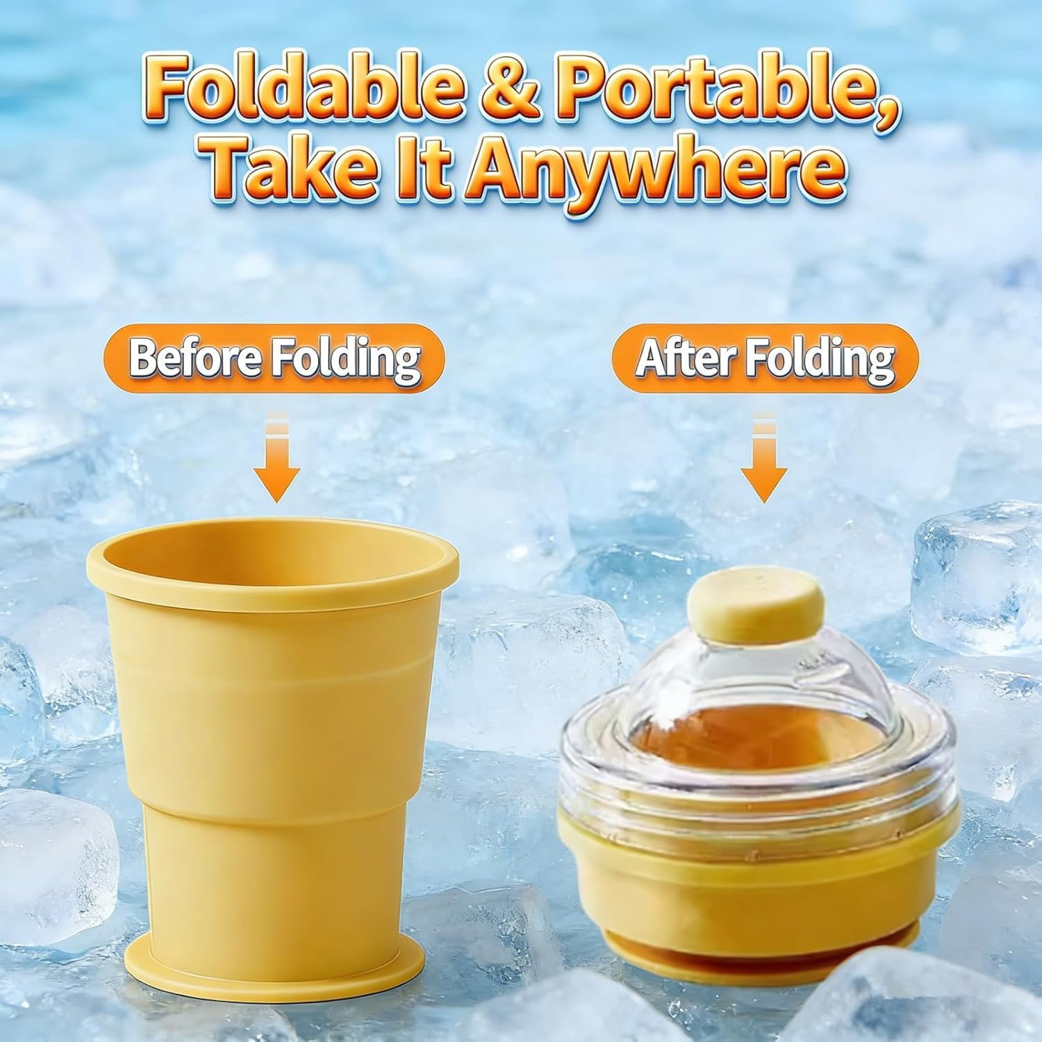 2-in-1 Collapsible Silicone Ice Ball Maker Cup 325 ml Silicone Ice Sphere Mold with Lid and Straw for Travel Drinks