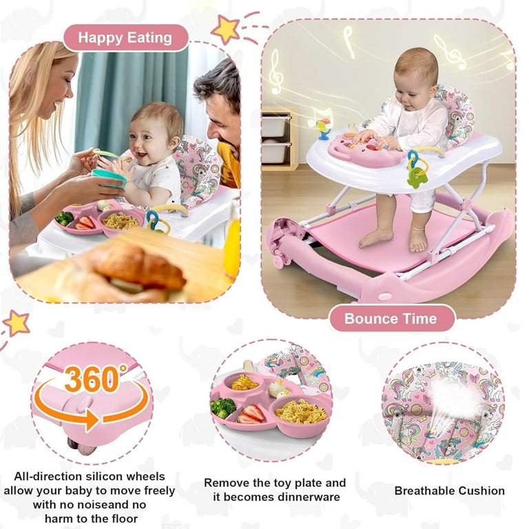 Foldable Baby 5 in 1 Activity Walker Rocker Activity Center Bouncer Seat Walker Push Walker Adjustable Speed Rear Wheels and Height Toys Ages