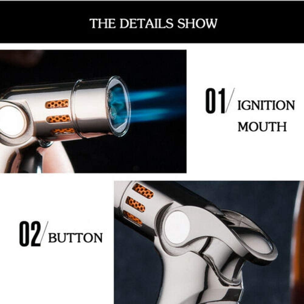 Piioket Windproof Luxury 4 Nozzles Quad Jet Torch Lighter Elegant Four Flame Refillable Butane Gas Cigar Cigarette Lighter - Gray