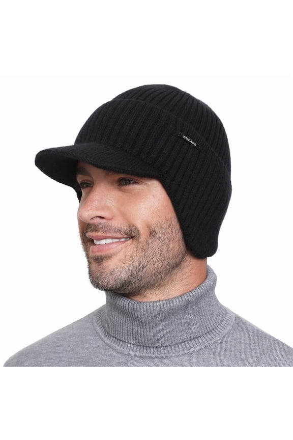 Winter Beanie with Brim and Ear Flaps, Outdoor Warm Fleece Lined Knit Hat Stocking Caps for Men Women (Black)