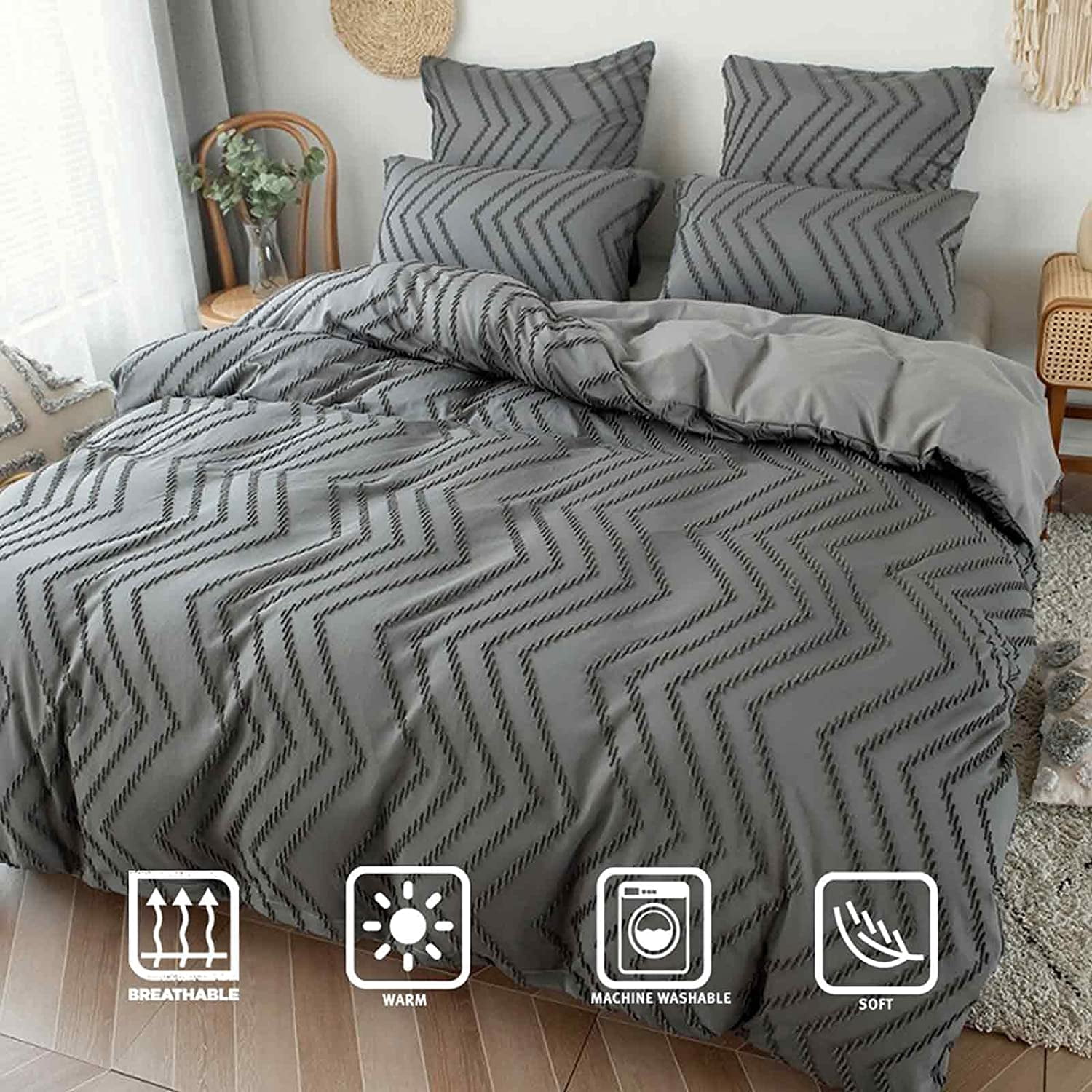 Seasonwood Queen Duvet Cover Gray Tufted Jacquard Microfiber Bedding Set 3pcs 90" x 90"