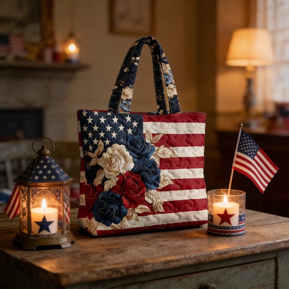 Cififendec 4th of July American Flag Embroidered Tote Bag, Patriotic Bag Reusable with Handle, Stars and Stripes Beach Bag for Party Gift