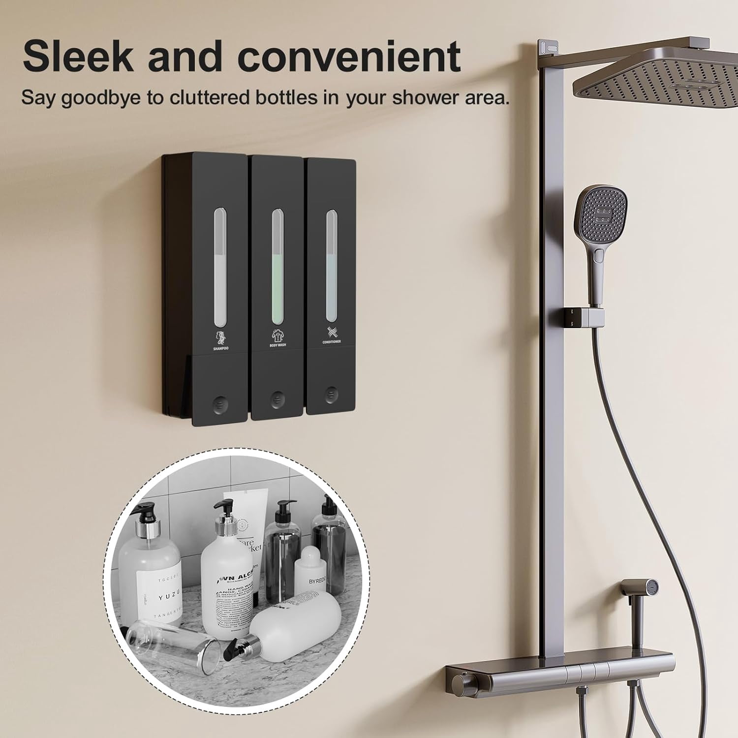 Shampoo and Conditioner Dispenser - Wall-Mounted 3-Chamber Shower Soap Dispenser, No-Drill, 1200ML Capacity, for Bathroom & Hotel