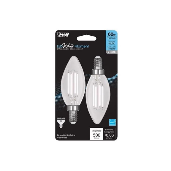 Feit Electric BPCTC60950WFIL2 Filament LED Bulb BA10 E12 (Candelabra) Daylight 60 Watt Equivalence Clear