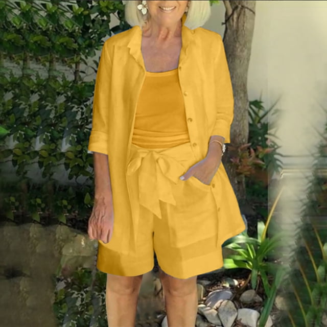 Tidyack , Tendance, Chemise à Manches Longues pour Femmes, Ensemble Camisole Sans Manches, Col Rabattu Uni, Tenue Décontractée, Tenue Quotidienne, Mélange de Coton, Mode Été, Style Mode Urbaine, pour Femmes