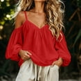 thumbnail image 2 of Qgtaibl Women Cold Shoulder Shirts Fashion Spaghetti Strap V Neck Puff Long Sleeve Blouses Flowy Lightweight Casual Vacation Tops Red L, 2 of 7