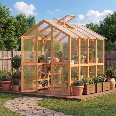 AECOJOY 6x7 FT Wooden Greenhouse For Outdoors,Walk-in Garden Greenhouse with Plant Stand with Polycarbonate Panels for Backyard or Patio